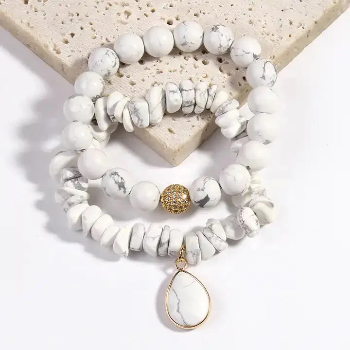 Wholesale New Bohemian Women Jewelry 2pc Set Natural Gemstone Beads Elastic Bracelet Copper Cubic Zircon Ball Stack Bracelet Set