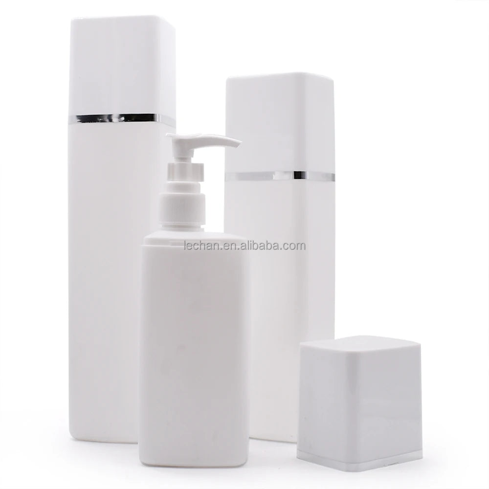 300ml 400ml 500ml  New Design Empty Customize White HDPE Square Plastic Shampoo Face Cleanser Lotion Bottle with  Pump Dispenser