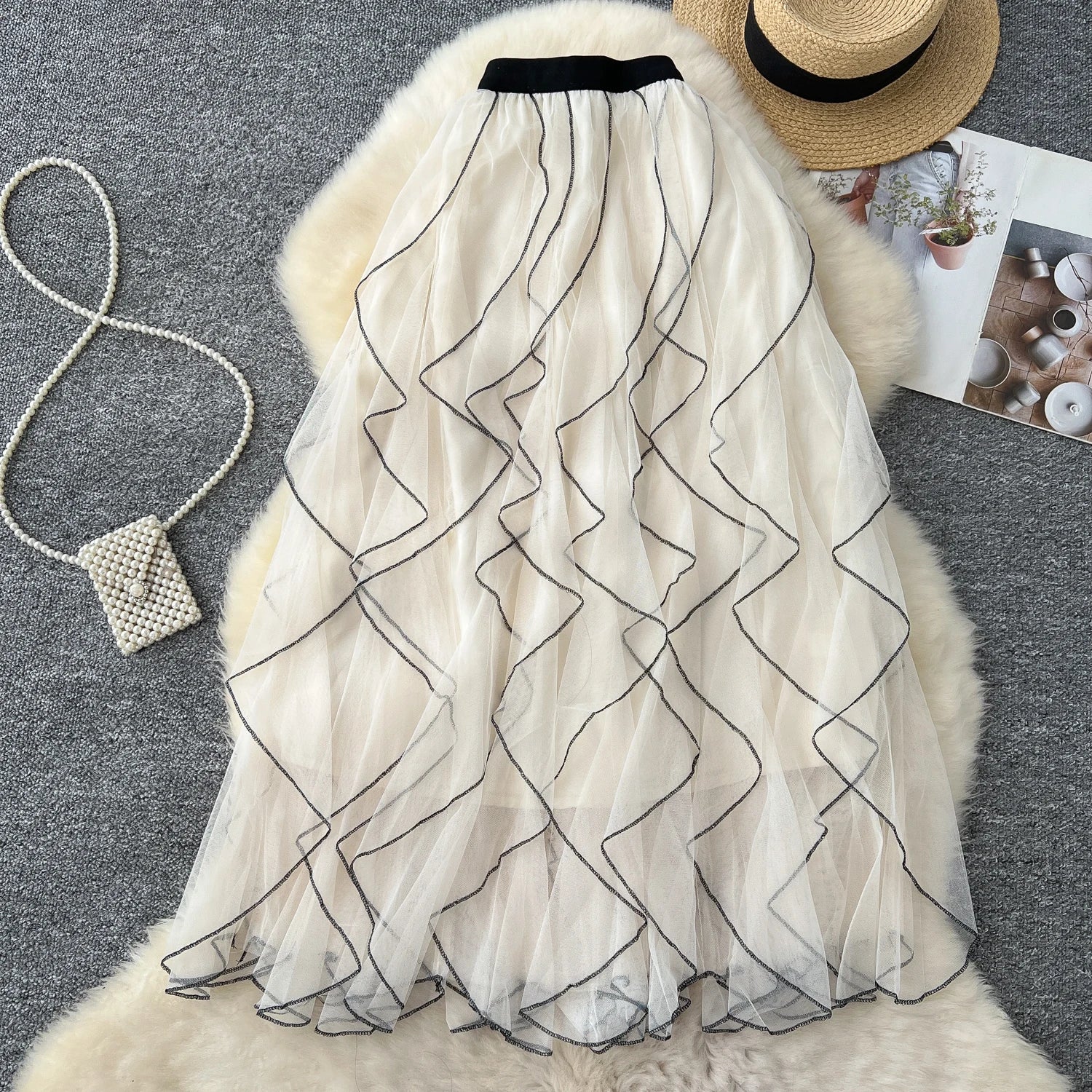 Boutique Wholesale 2026 Autumn French Mesh Elastic Waist Slimming A-line Large Swing Women's Skirt