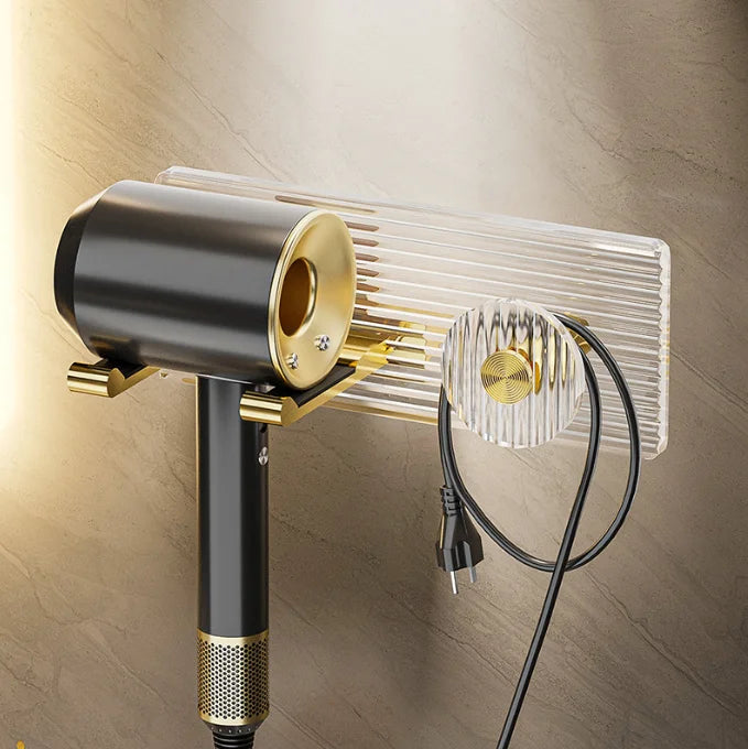 Luxurious Single-Tier Wall Hanging Hair Dryer Storage Rack Perforation-Free Metal and Wire Organizer for Bathroom Air Ducts