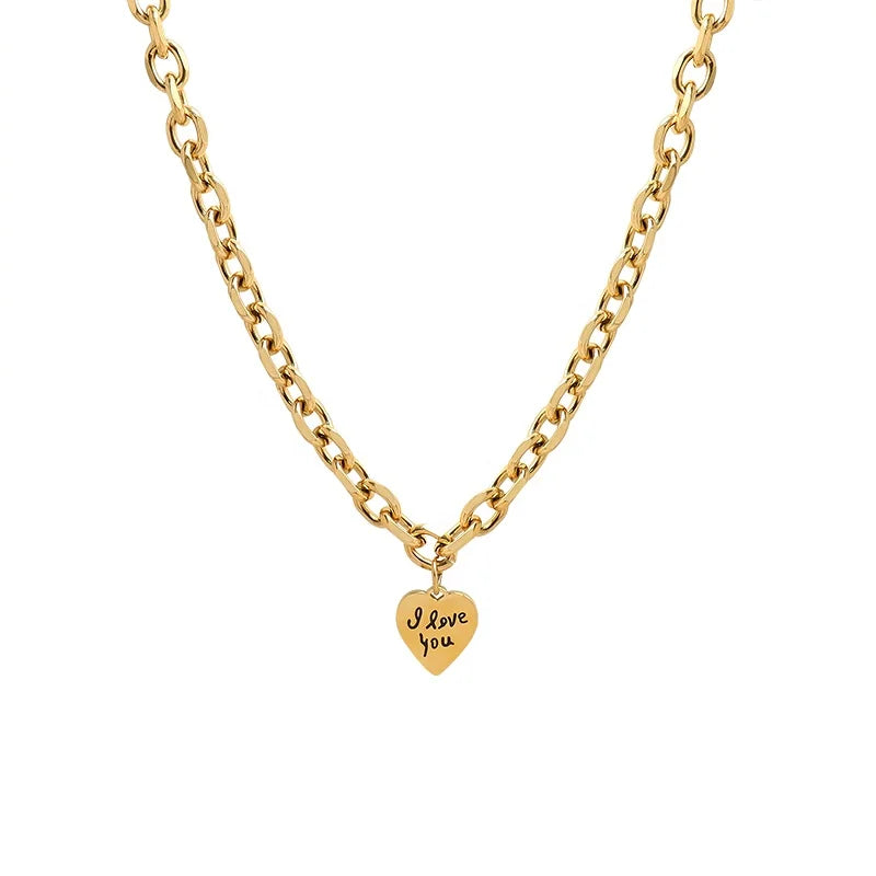 Custom Engraved Stainless Steel 18K Gold Plated Square I Love You Pendant Necklace Lucky Heart Charm Necklace Jewelry Gift