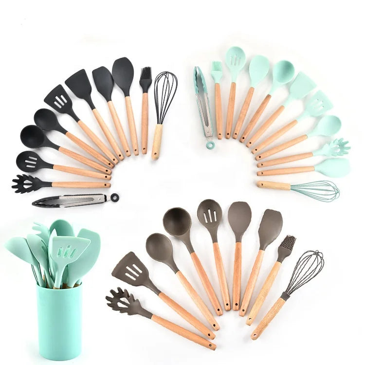Hot Selling Durable Nonstick Heat Resistant Food Safe 12-Piece Wood Handle Silicone Cooking Utensils Set Customized Color Logo