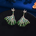 Luxury Green Cubic Zirconia Long Big Tree Leaf Shaped Wedding Dangle Drop Earrings for Women Vintage Bridal Party Jewelry
