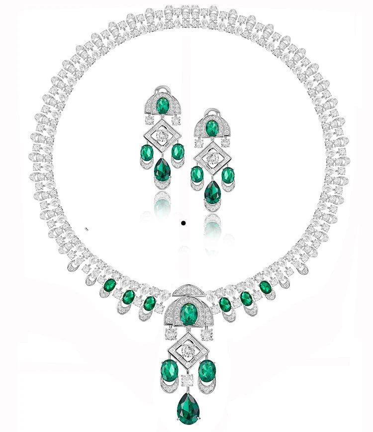 Luxury 5A Cubic Zirconia Bridal Jewelry Set Emerald Green Stone Necklace and Earrings Jewelry Set