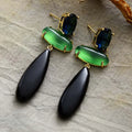 Luxe Black Green Onyx Hanging Natural Stones Huggie Stud Earrings Bold Jewelry