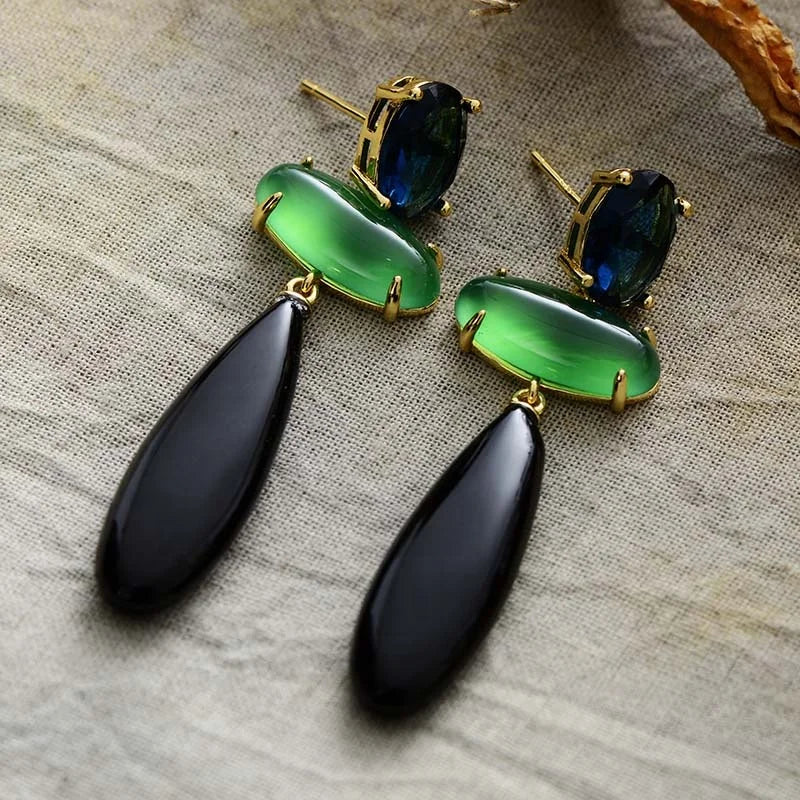 Luxe Black Green Onyx Hanging Natural Stones Huggie Stud Earrings Bold Jewelry