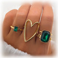 2024 Fashion Green Stone Crystal Rings Set for Women Gold Heart Butterfly Diamond Knuckle Finger Ring Geometric Jewelry Gift