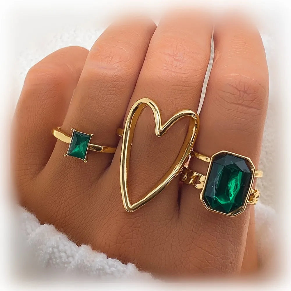 2024 Fashion Green Stone Crystal Rings Set for Women Gold Heart Butterfly Diamond Knuckle Finger Ring Geometric Jewelry Gift
