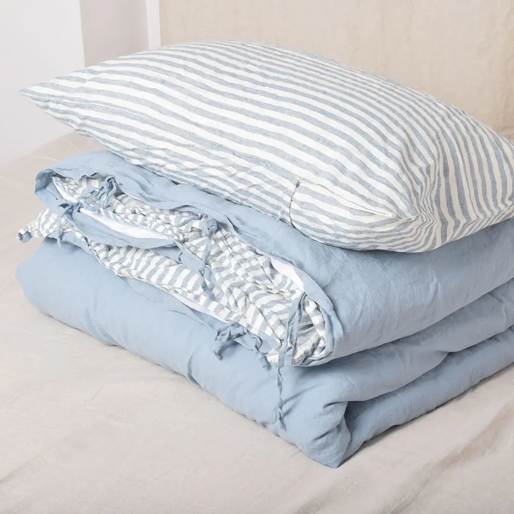 Linen Supplier Stone Washed Blue Stripe Bedding Duvet Covers Linen Bed Set Two Side French 100 Linen king Size Bed