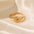 Waterproof Stainless Steel PVD 18k Gold Plated Ring Statement North Star Cubic Zirconia Finger Rings Anillos De Acero Inoxidable