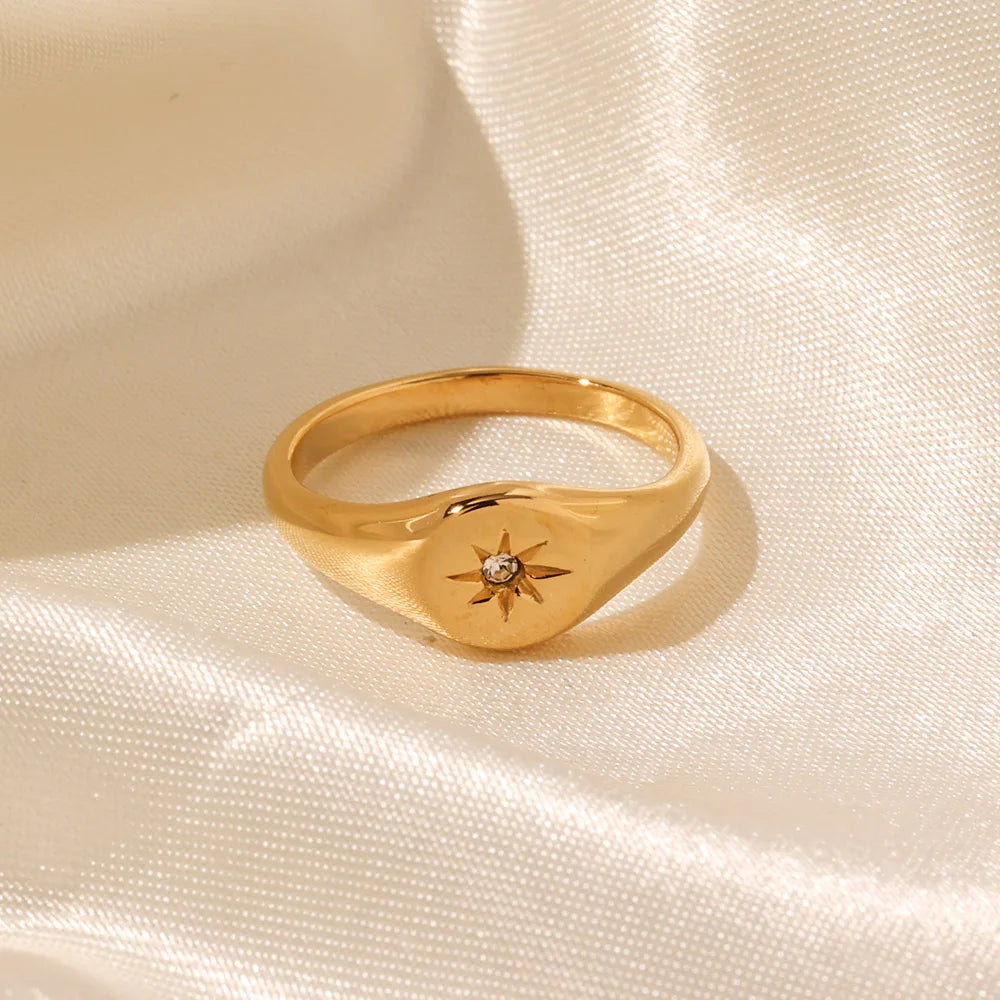 Waterproof Stainless Steel PVD 18k Gold Plated Ring Statement North Star Cubic Zirconia Finger Rings Anillos De Acero Inoxidable