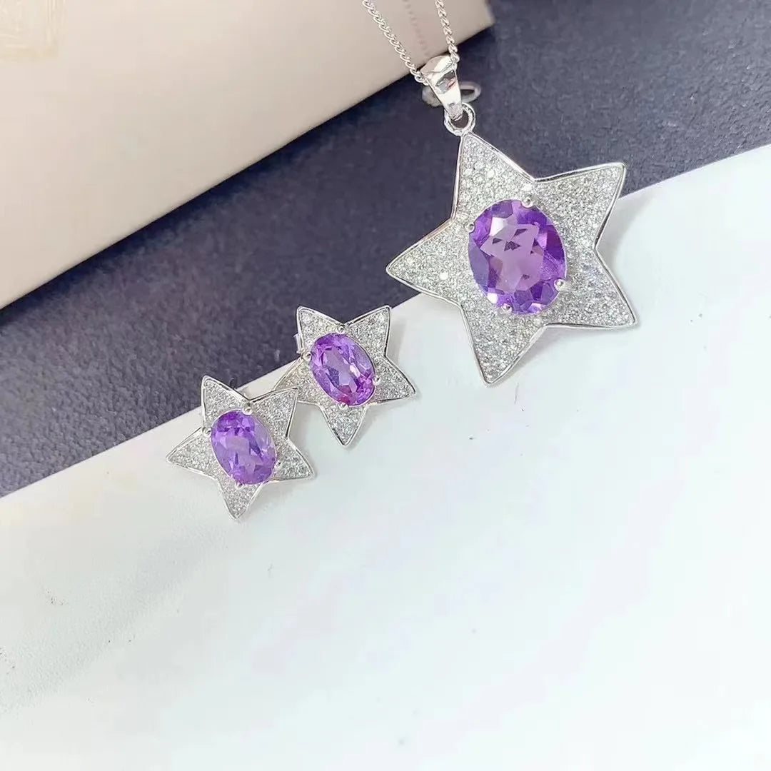 Hot Sale Hawaiian Statement 925 Silver Natural Amethyst Necklace and Earrings Jewelry Sets