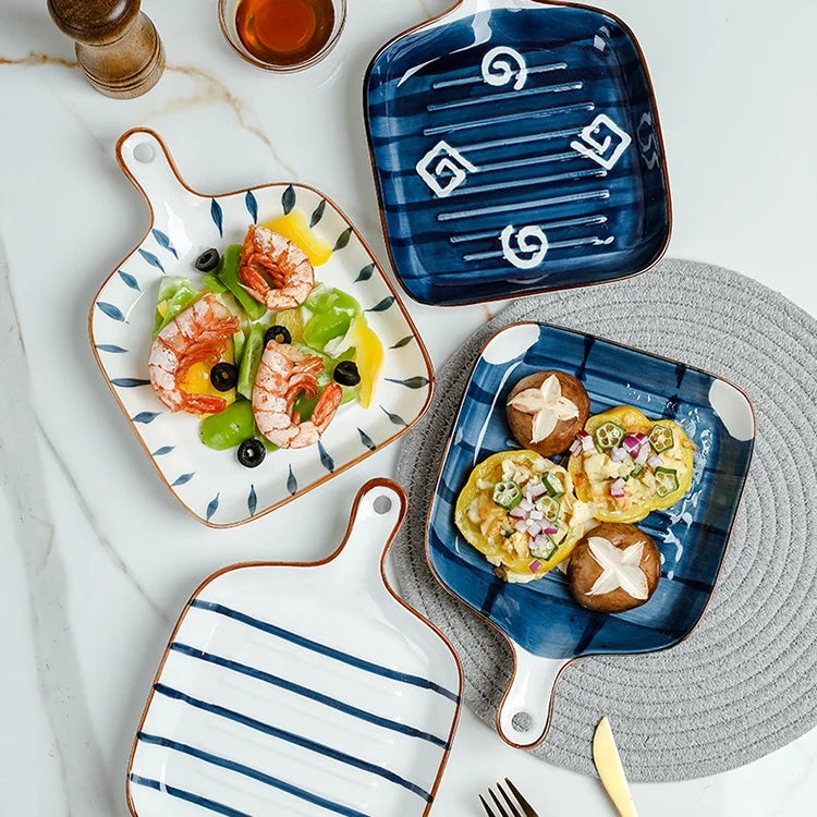 Nordic Porcelain Cookware Steak Plate Ceramic Square Baking Tray for Microwave with Handle