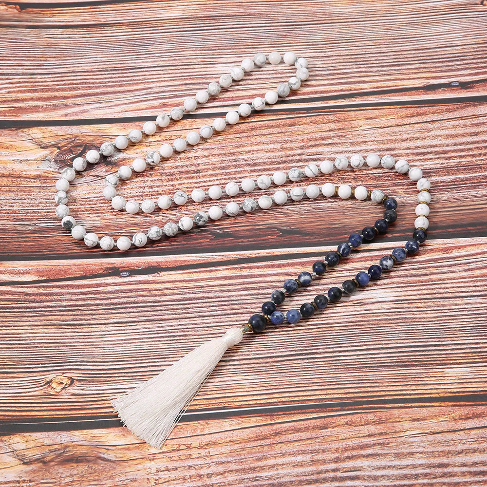 Women's Classic 8mm Natural White Turquoise Mala Rudraksha Bead Pray Necklace Fashion Anniversary 108 Pieces Strand String Silk