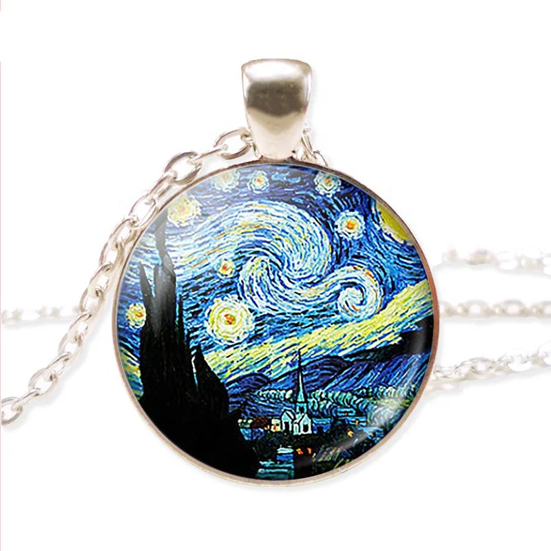 Van Gogh Vintage Oil Painting Starry Night Silver Plated Necklace Glass Dome Sunflower Jewelry Pendant Men's Women's Accessories