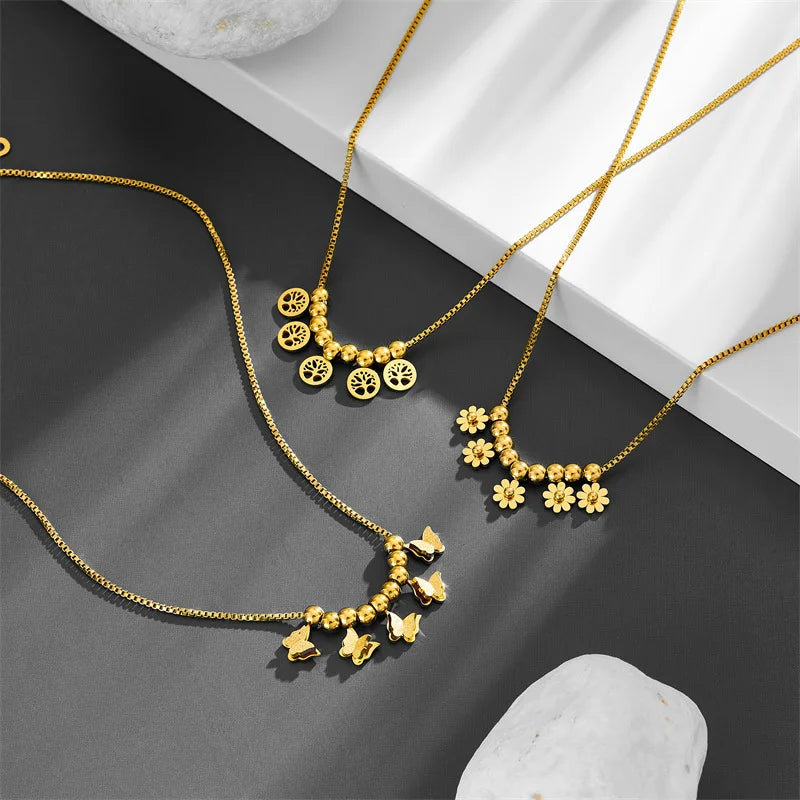 Stainless Steel Square Box Chain Multi Slider Bead Daisy Tassel Necklace Tree of Life Butterfly Pendant Necklace