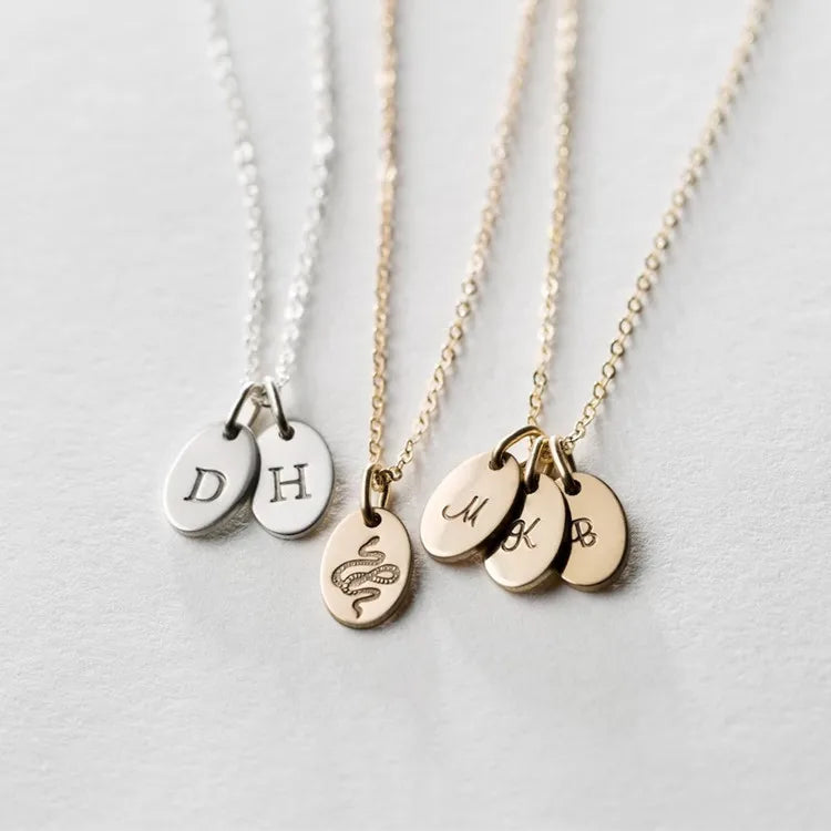 Dainty Personalized logo Name Engraved 925 Sterling Silver Custom Initial Letter Oval Disc Pendant Necklace Wholesale