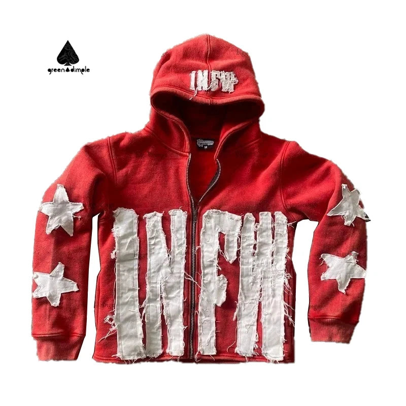 Vintage Loose Vintage Long Sleeved Pullover Hoodie for European American Sweatshirt Patchwork Letters Star Hooded Front Winter