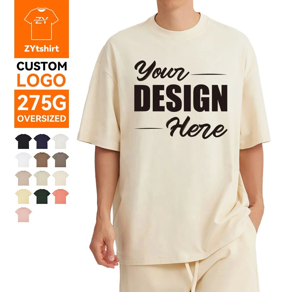 ZYtshirt Wholesale  Customized 275GSM Heavyweight Cotton Oversized T-Shirt with Logo Printing for Casual Wear
