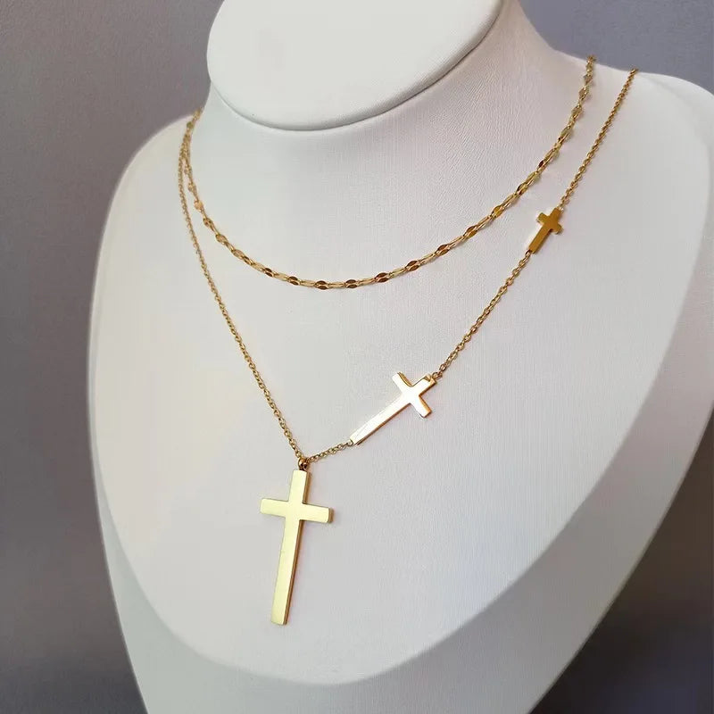 SC Popular Trendy Gold Silver Stainless Steel Necklace Vintage Choker Necklace Fashion Cross Pendant Necklace for Women