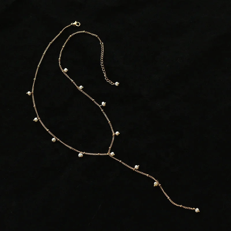 Handmade Stainless Steel Fresh Water Pearl Charms Lariat Tassel Necklace for Women