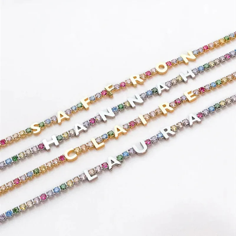 Qiuhan Drop Shipping A-Z 26 Capital Letter ICY Rainbow Zircon Tennis  Chain Custom Name Choker Necklace