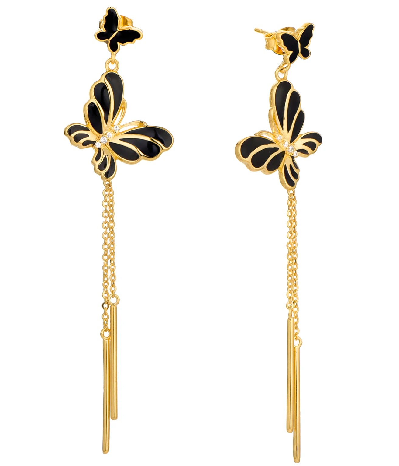 QX Custom OEM Women Cubic Zircon Fine Jewelry Luxury 925 Sterling Silver 1mic 18K Rose Gold Plated Black Butterfly Drop Earrings