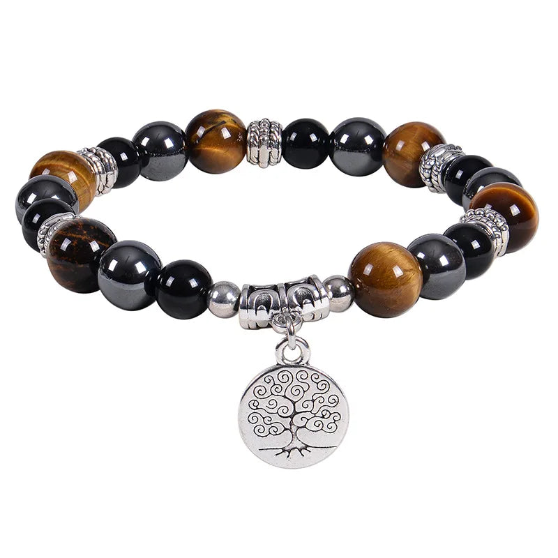 8mm Gemstone Beaded Bracelet for Women Jewelry Healing Crystal Tree of Life Pendant Handmade Triple Protection Stone Bracelet MegaBDM