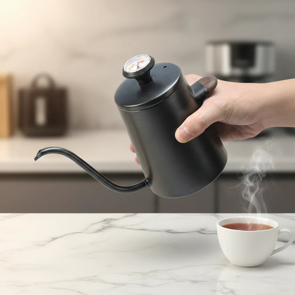 350ml Short Wooden Handle Double Wall Stainless Steel Coffee Kettle With Thermometer Pour Over Gooseneck Kettle Coffee Kettle