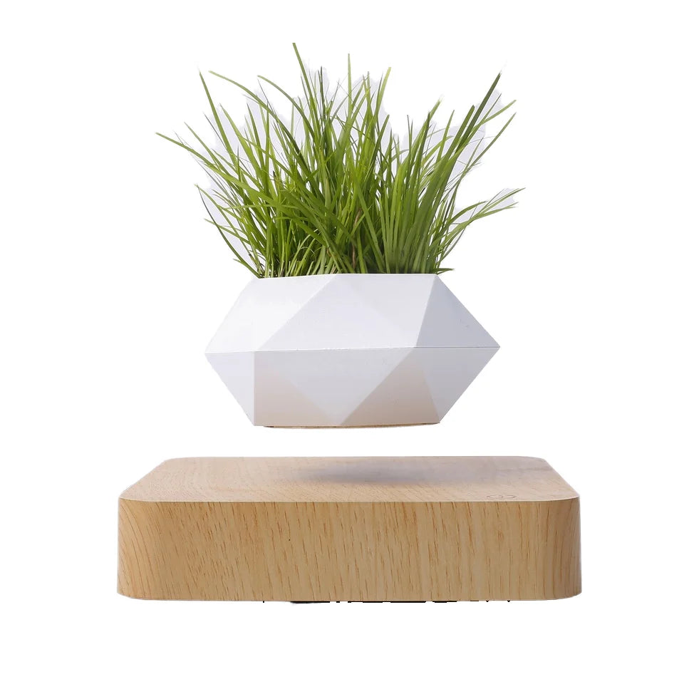 Magnetic Levitation Wooden Grain Base Hexagonal Flowerpot Floating Bonsai for Home & Garden Modern Indoor Plant Pot