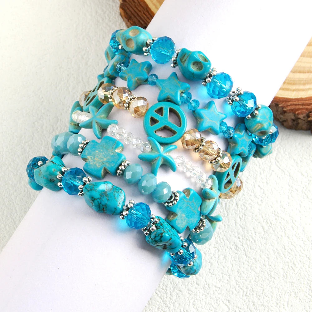 2025 New Fashion String Jewelry Different Shape Cross Peace Star Blue Turquoise Crystal Glass Braded Bracelet