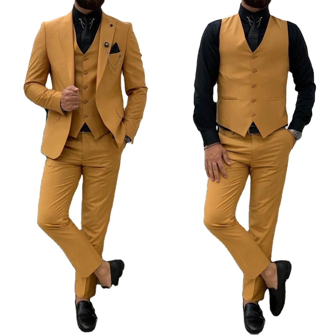 Golden White Mens Wedding Tuxedos Suits 3 Pieces Winter Peaked Lapel Groom Party Blazer Business Wear Coat(Jacket+Vest+Pants)
