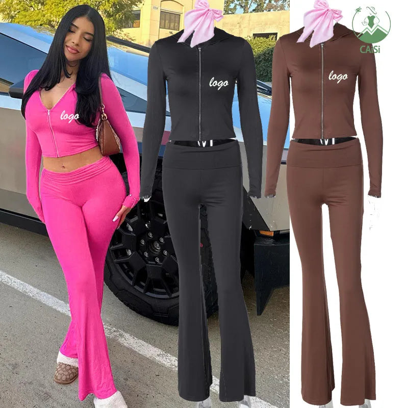 Womens Clothing 2 Two Piece Loungewear Set Tracksuits Custom Hoody Jacket and Flare Pants Fall Casual Outfits for Ladies