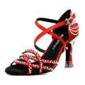 New Arrival Women's Professional Latin Salsa Ballroom Dance Shoes Red Satin Rhinestone 7cm Heel Sizes US 4-12 Model EvkP1008