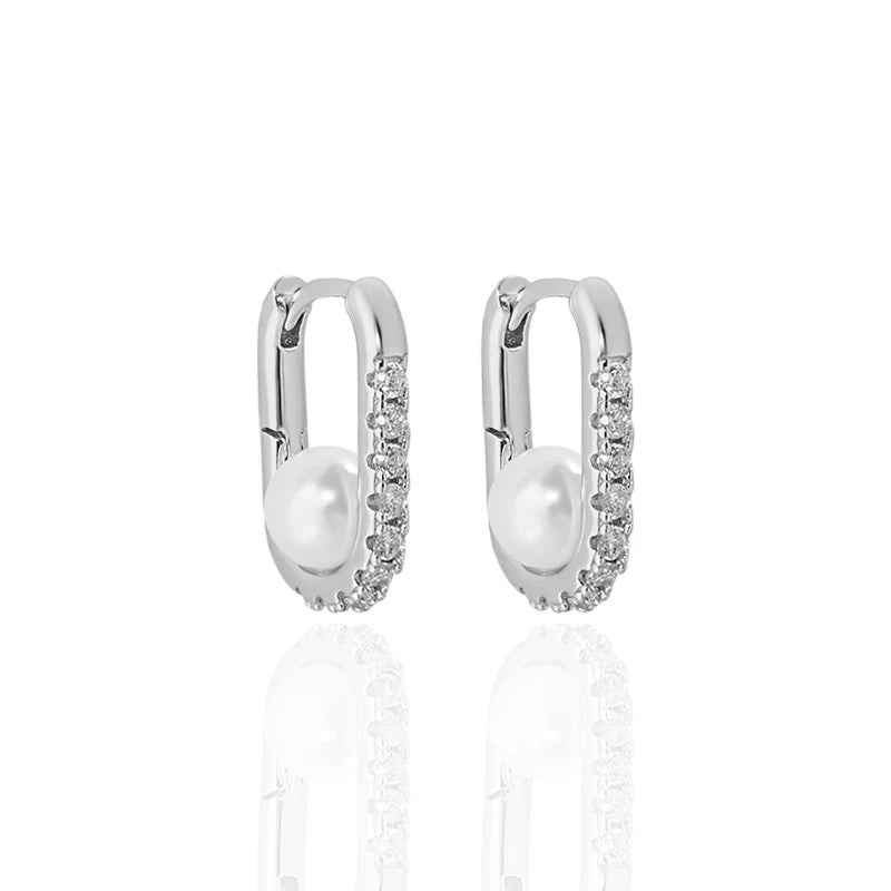 WMEB146 S925 Sterling Silver Oval Hoop Earrings With Pearl for Women Micro-inlay Cubic Zircon Huggie Earrings