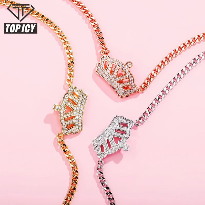 18k Gold Plated Adjustable Rose Gold Color Iced Out Chain Cz Stone Charm Crown Shape Pendant Necklace Women Jewelry Choker