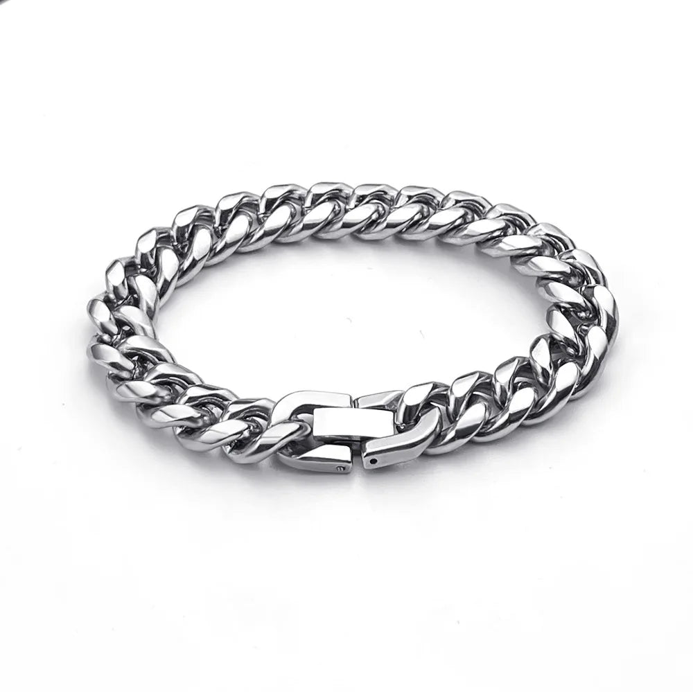 10/12MM Width Stainless Steel Cuban Chain Bracelets for Men Silver Color Fashion Hip Hop Male Boy Wristband Jewelry