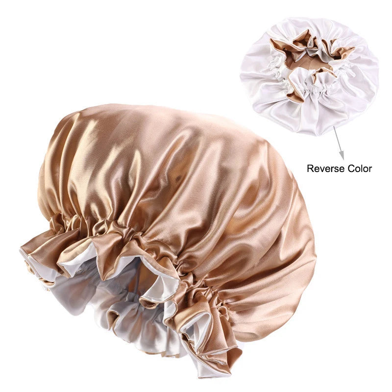 HaoKey Large Satin Bonnet Reversible Night Sleep Hat Double Sided Layer Shower Cap Solid Color Women Satin Hair Bonnet