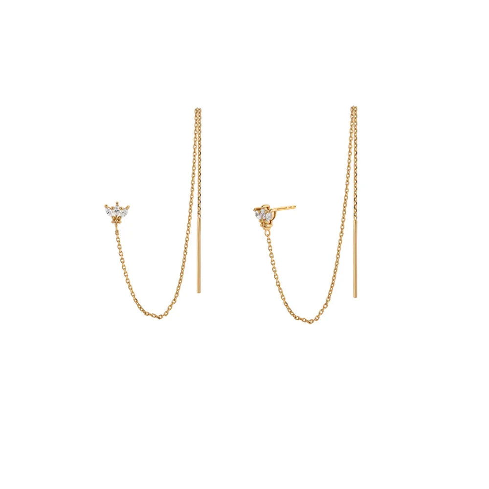 American European 925 Sterling Silver Crown Eye Shape Zircon Long Tassel Chain Gold Plated Stud Earrings Ear Line for Women