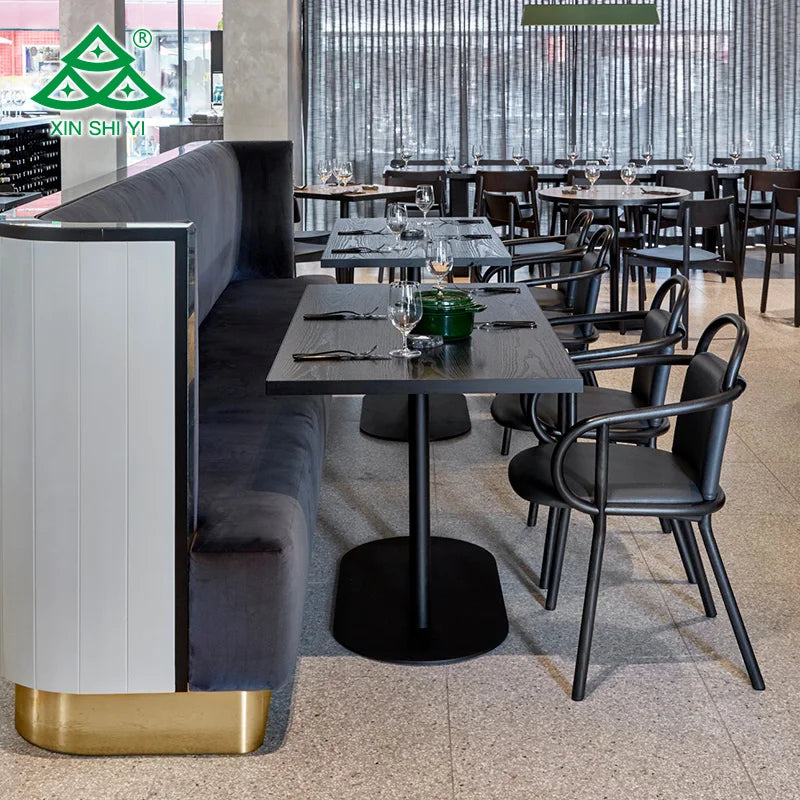 Modern Rectangular Metal Base and Solid Wood Dining Table and Chair Customized Coffee Booth Restaurant Furniture Set