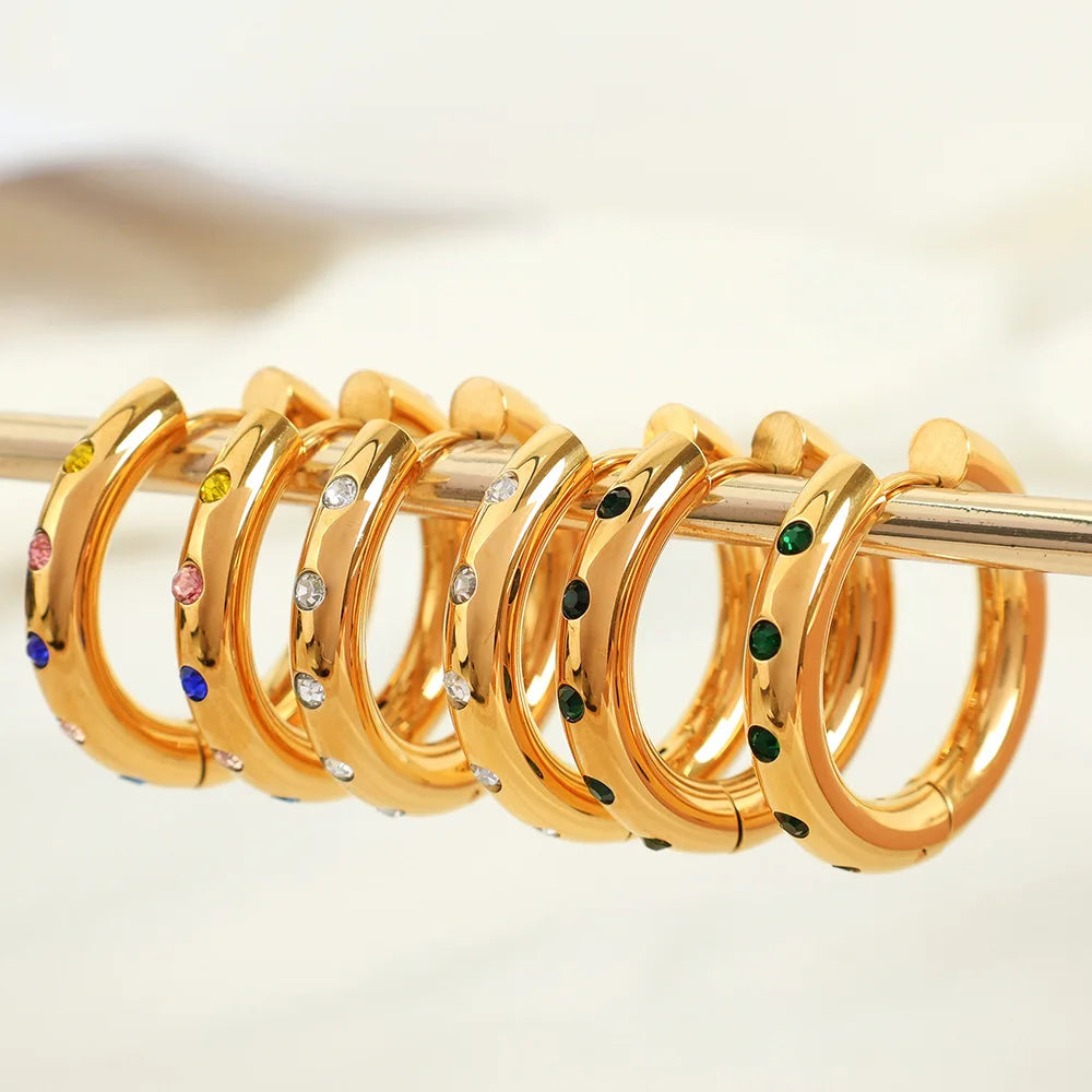 Best Seller Delicate Waterproof Jewelry Colorful Cubic Zircon Geometric Huggie 18k Gold Plated Stainless Steel Hoop Earring