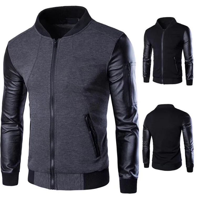 Wholesale Men Jackets Autumn New Patchwork Leather Sleeve Men Jacket Coat Cardigan Slim Stand Male Zipper Coat