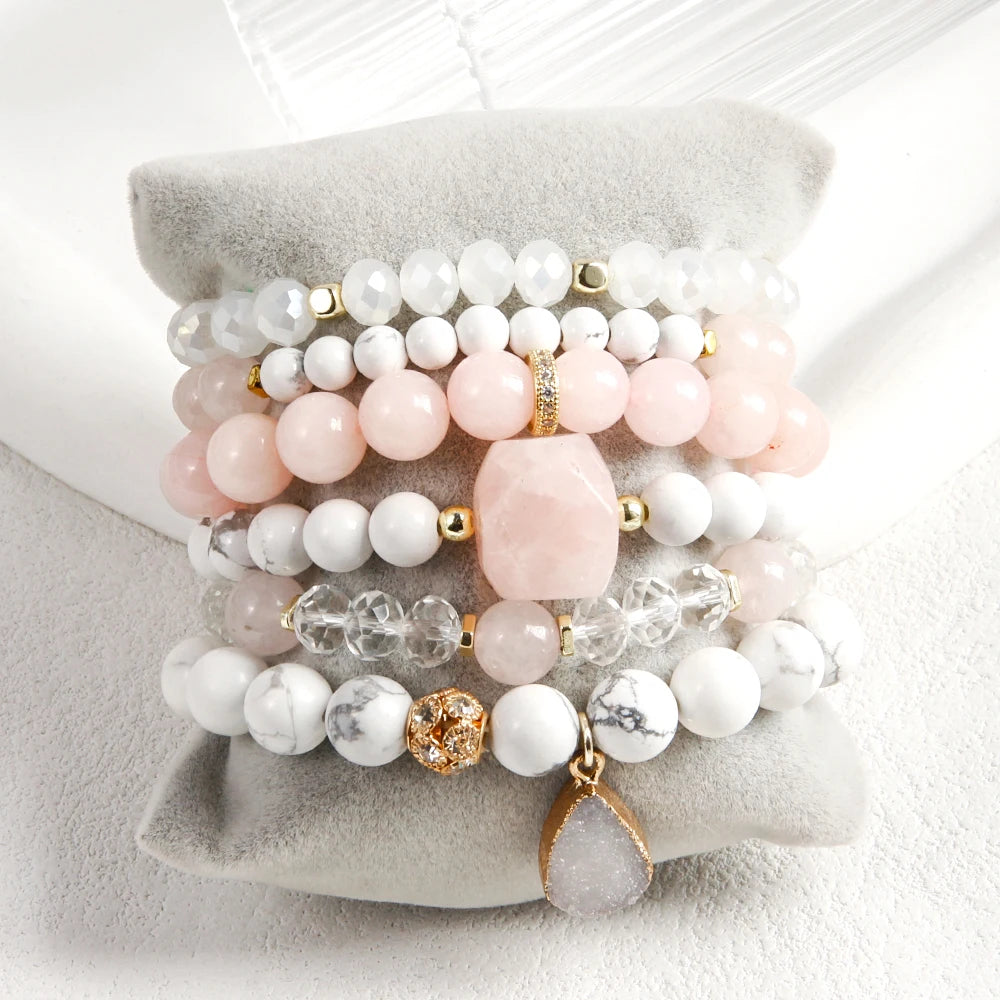 Spring/Summer New Fashion Bohemian Vacation Style Multicolor Natural Stone Crystal Glass Bead Elastic 6pcs Stack Bracelet Set