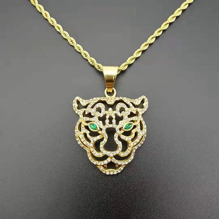 Free Sample Hiphop Style Green Eye Hollow Lion Head Animal Gold Plated Stainless Steel Pendant Crystal Rhinestone Claw Setting