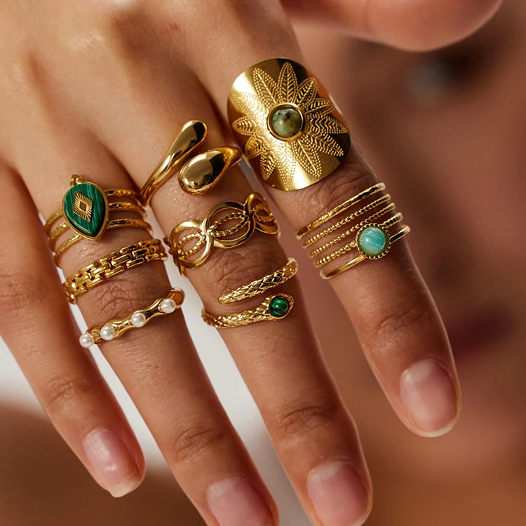 K075 New Fashion Women Jewelry PVD Stainless Steel Malachite Open Ring Turquoise Ring 18K Gold Plated Chunky Natural Stone Rings