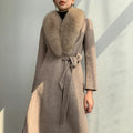 Jtfur Female Super Big Fox Fur Collar Slim Long Double Faced Belted Wool Coat