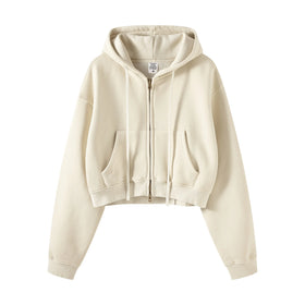 360Gram Women's Fashion Cropped Hoodie Solid Color Cotton Zipper Jacket with Front Logo Casual Wear for Autumn Season