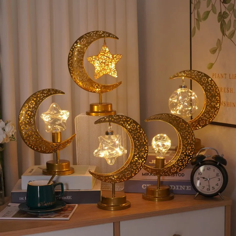 Muslim Iron Table Lamp Eid and Ramadan Star Moon Lamp for Islam Festive Decorative LED Light
