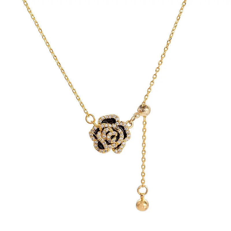 925 Sterling Silver Flower Zircon Necklace Oil Drop Enamel Camellia Bead Tassel Chain Adjustable Gold Plated Necklaces Women