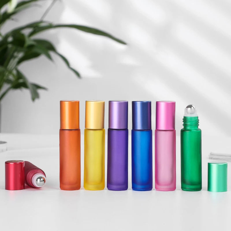 Rainbow Colored Roll on Glass Bottle 10ml Essential Oils Perfume Roller Bottles With Steel Roller Portable Vials for Traveling